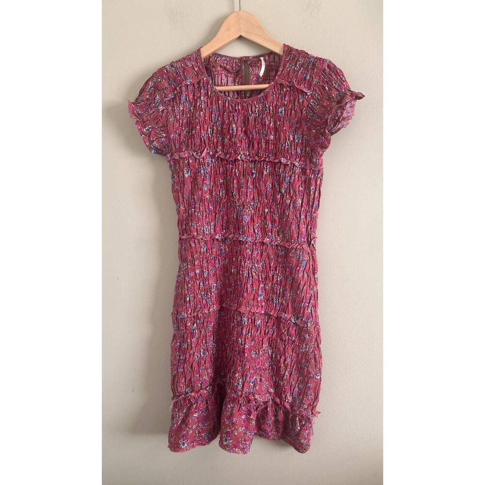 Free People Pink Floral Short Sleeve Smocked Stretch Mini Dress Women's  S/P - Picture 2 of 8